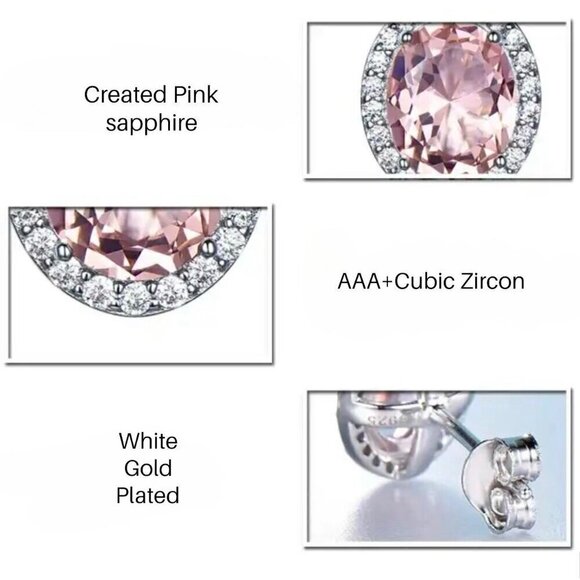 NWT Oval Pink Sapphire Stud Earring 14K Gold Over 925 Silver CZ Halo Feminine - Picture 5 of 8